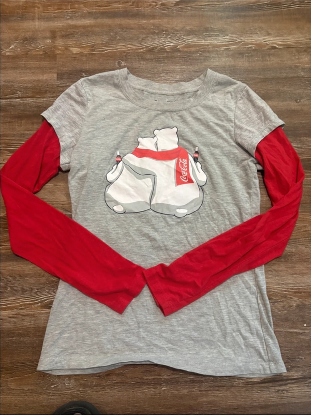 Coca Cola Grey Tee with Red Long Sleeves and Polar Bear Graphic